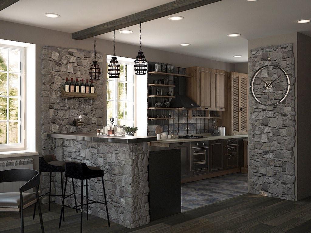 Дизайн кухни гостиной с элементами каменной кладки на стенах, стиль современный, гарнитур коричневый, с текстурой дерева