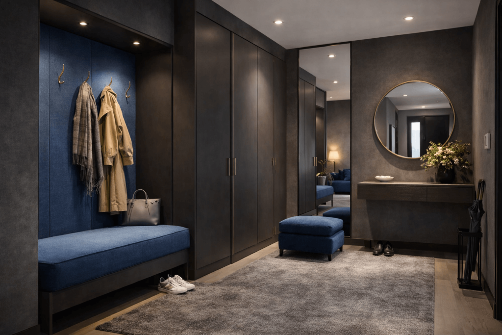 сочетание графитого цвета и синего цвета в интерьере 