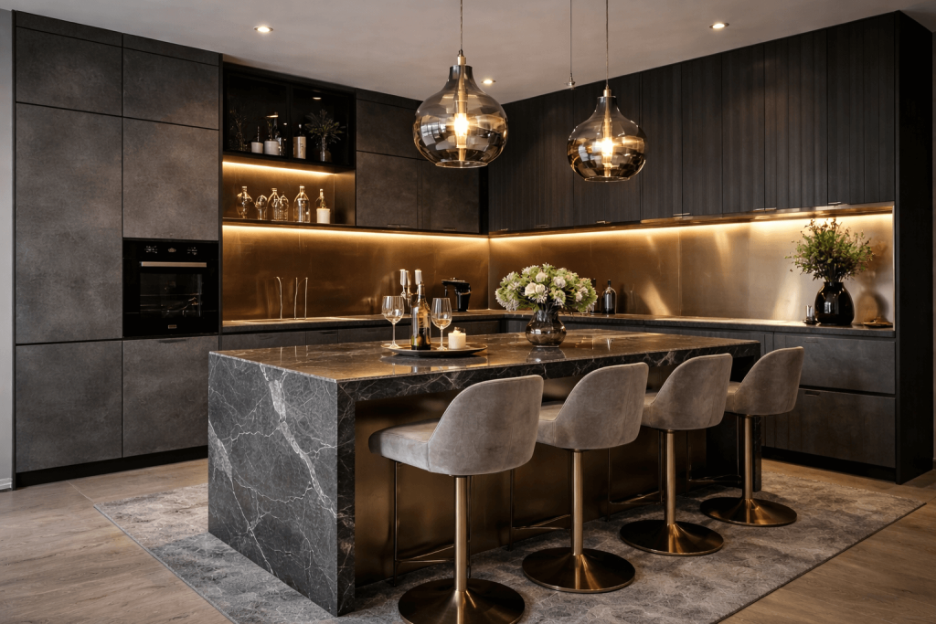 сочетание графитового цвета и металликов на кухне