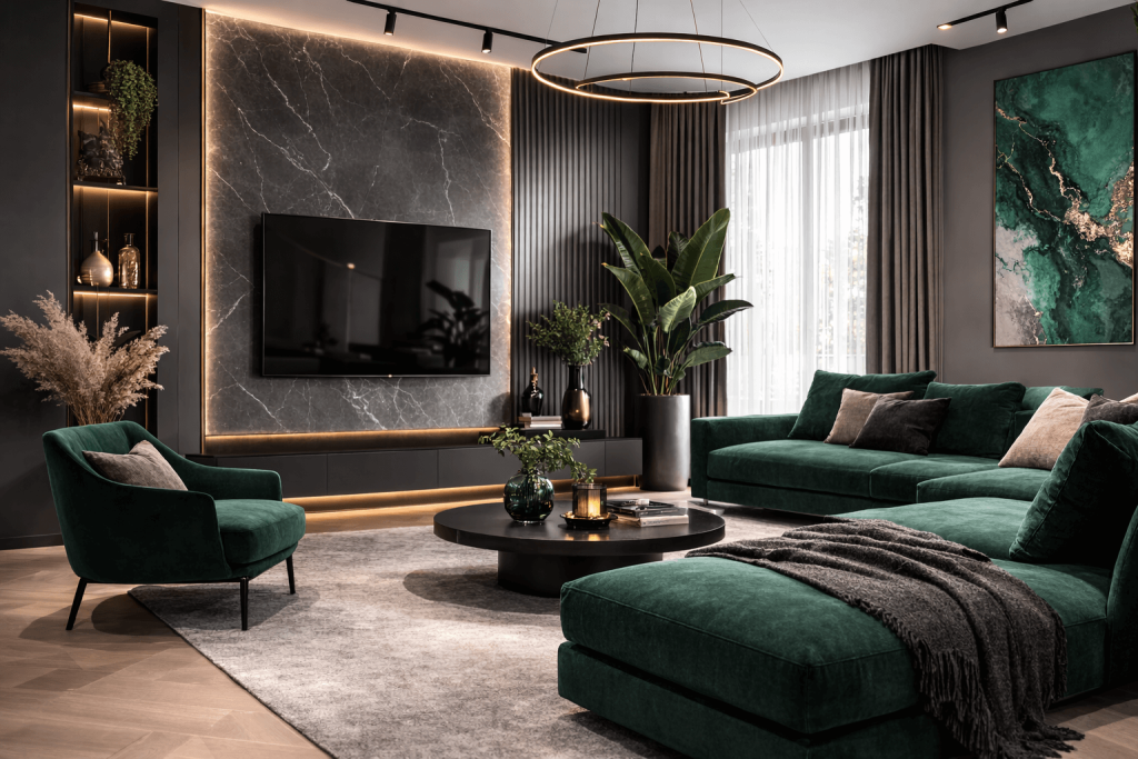 сочетание графитового и изумрудного цвета в интерьере 
