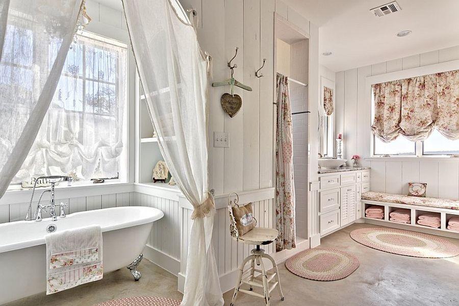 Дизайн ванной комнаты совмещенной с туалетом в стиле шэбби-шик в бело-розовой гамме